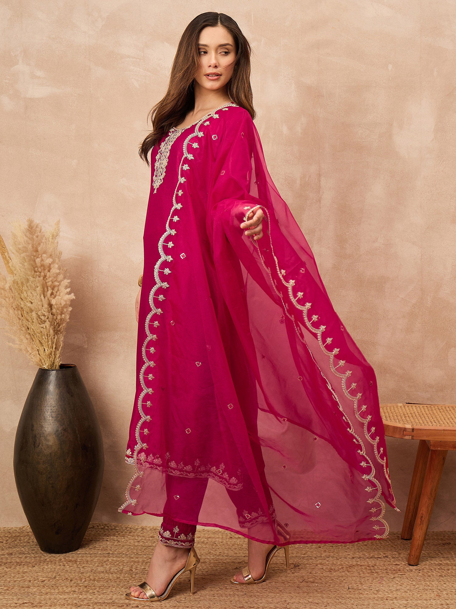 Rose Silk Blend Solid A-Line Kurta Trouser with Dupatta