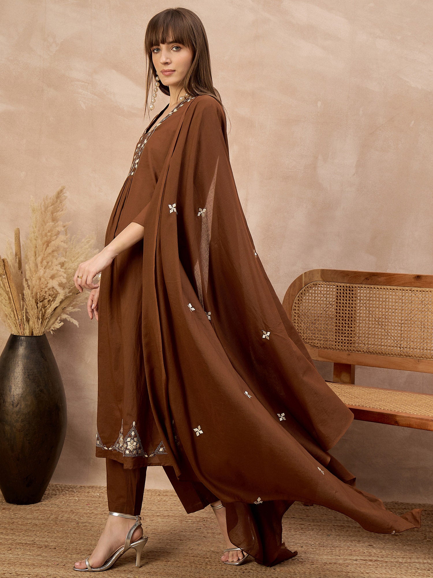 Brown Pure Cotton Geometric Embroidered A-Line Kurta Trouser With Dupatta