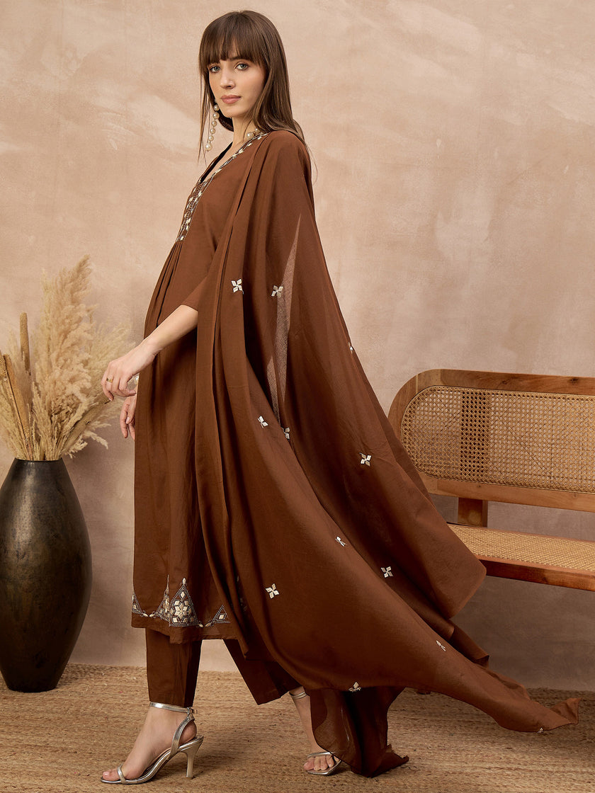 Brown Pure Cotton Geometric Embroidered A-Line Kurta Trouser With Dupatta