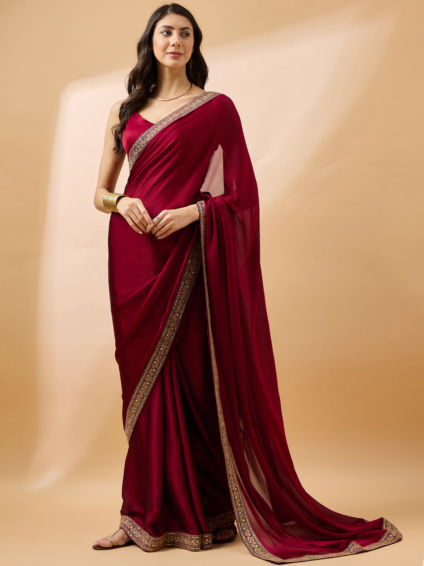Maroon Satin Solid with Embroidered Lace Saree with Unstitched Fancy Blouse