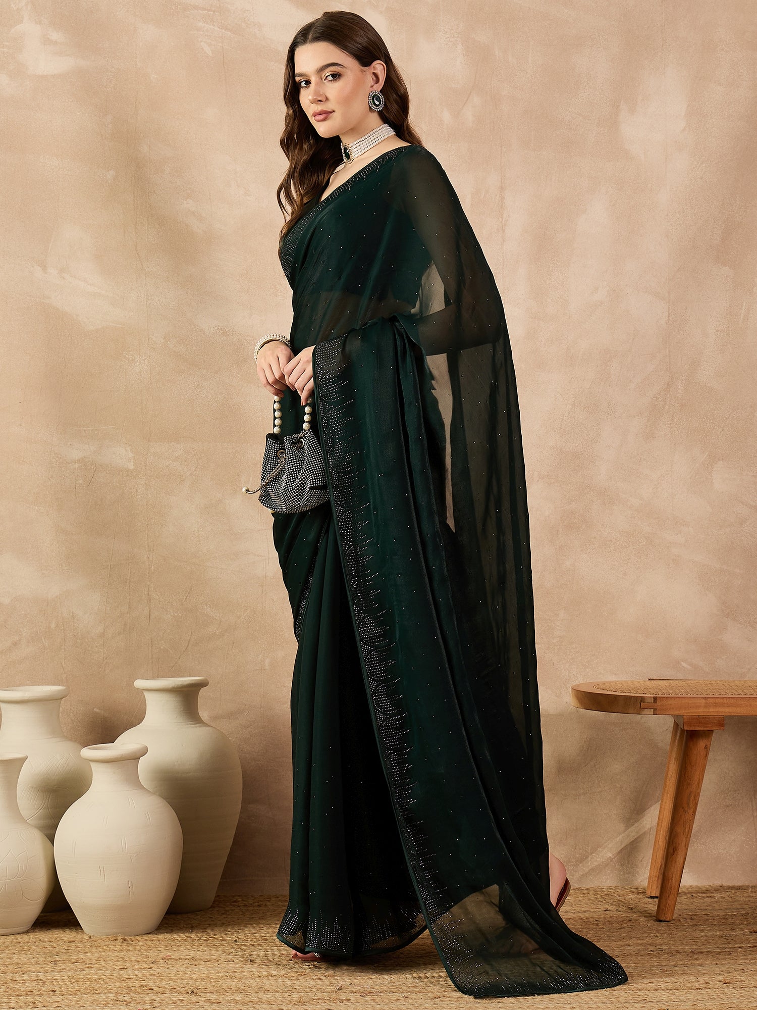 Green Georgette Solid With Stone Work Border Saree with Unstitched Fancy Blouse
