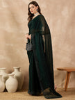 Green Georgette Solid With Stone Work Border Saree with Unstitched Fancy Blouse