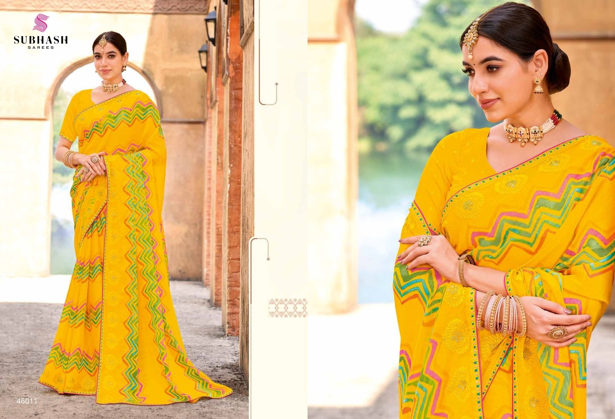 Rakshita: Chiffon Printed Embroidered Sarees with Tusser Silk Blouse