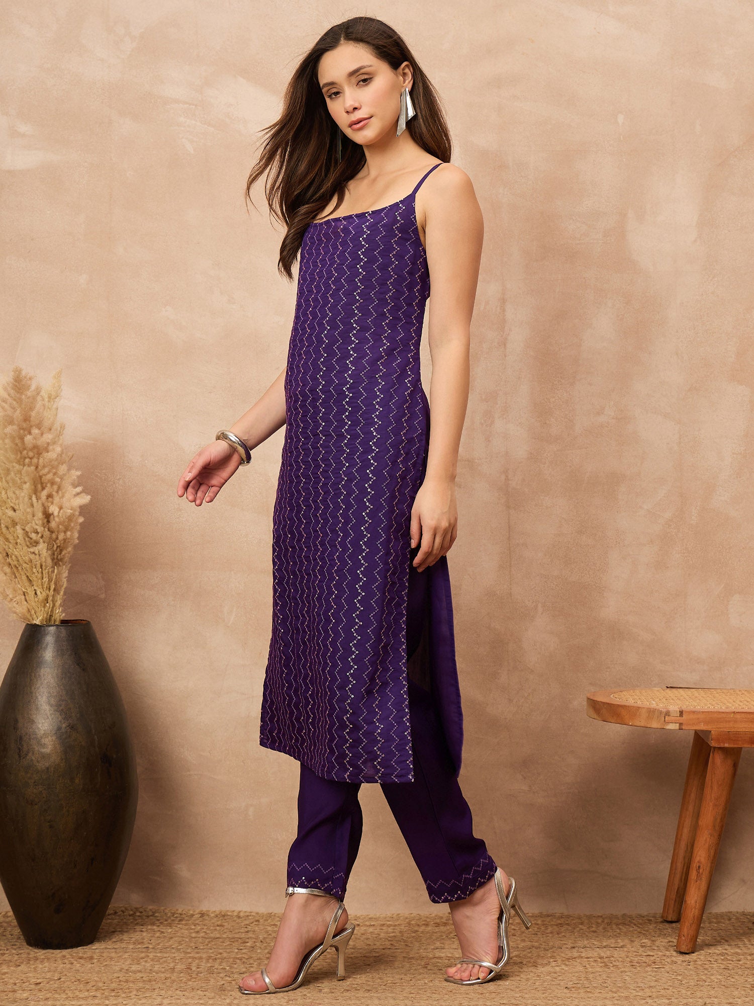 Purple Chanderi Silk Printed A-Line Kurta Trouser