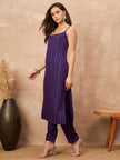 Purple Chanderi Silk Printed A-Line Kurta Trouser