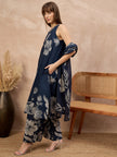 Blue Pure Cotton Floral Printed A-Line Sleeveless Kurta Trouser With Printed Dupatta