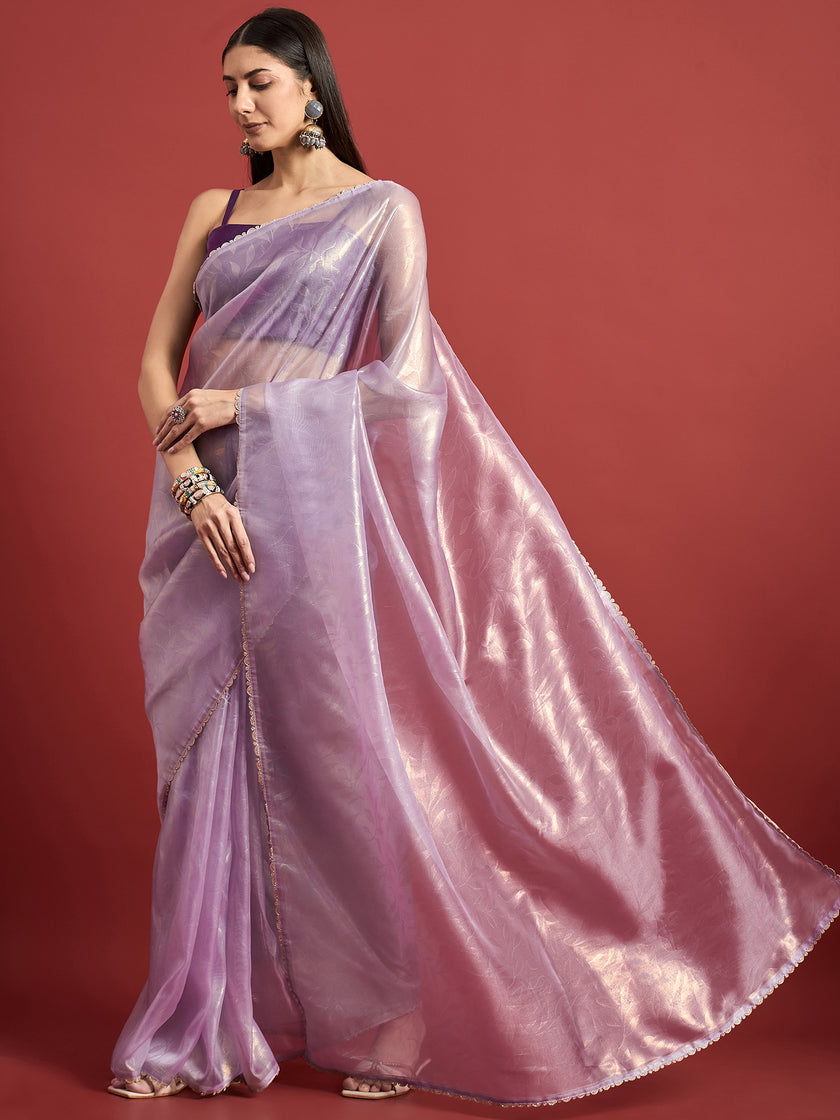 Lavender Organza Solid With Embellished Lace Saree with Unstitched Fancy Blouse