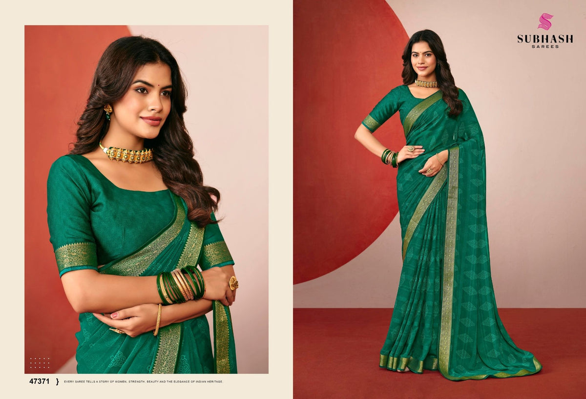 Riviera-29 : Printed Gerorgette with Gold jari Border Saree with Designer Printed Blouse