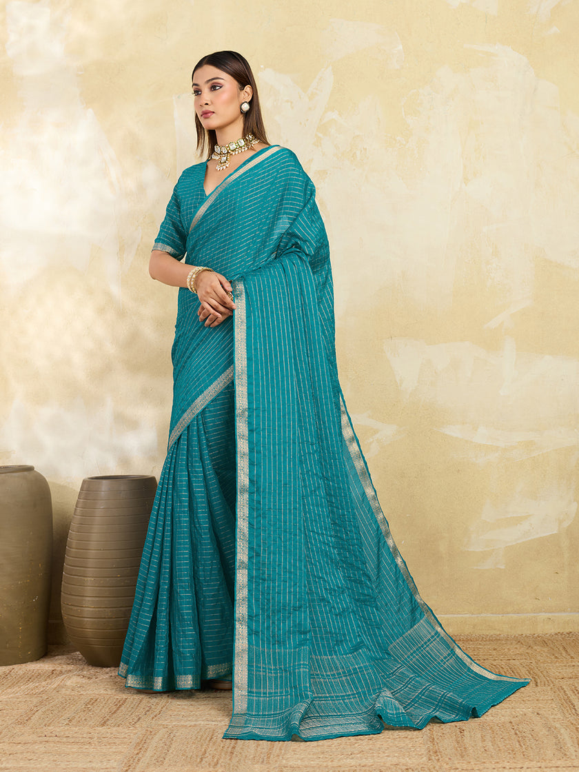 Green Silk Blend Solid Saree With Zari Border & Unstitched Blouse Featured In Mirzapur