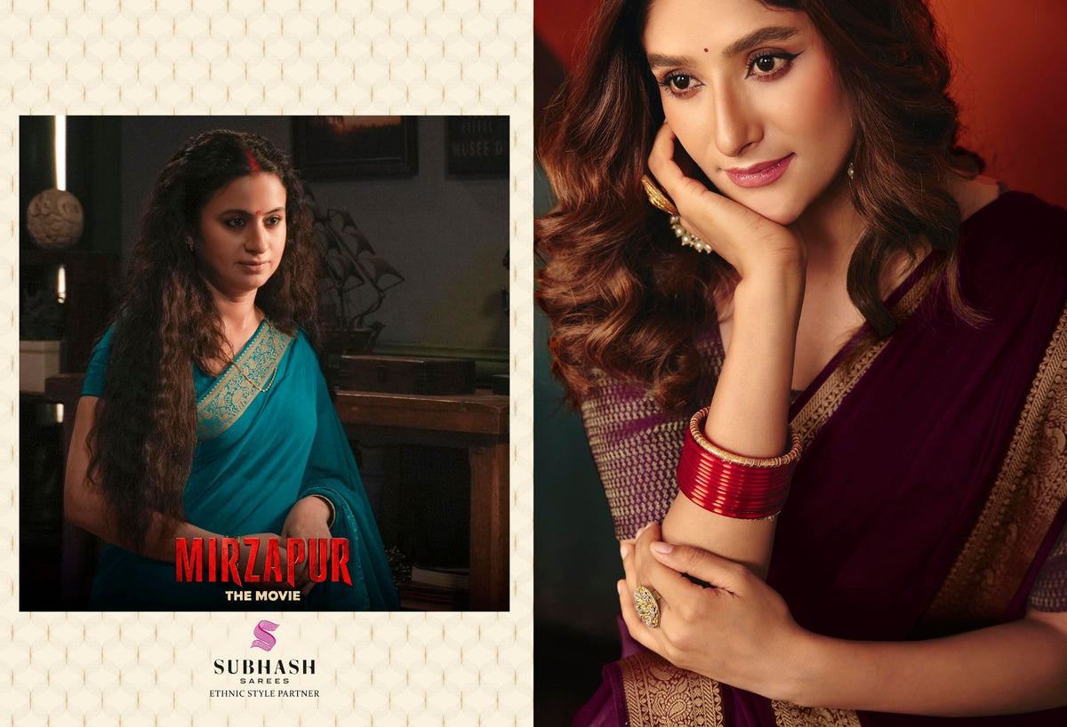 Rani - Mirzapur Special : Soild Sai Chiffon Saree with Gold Jari Border & Designer Blouse