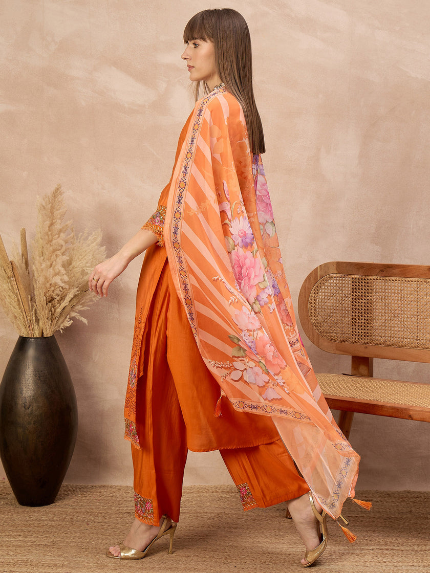 Orange Pure Cotton Beads & Stone Embroidered A-Line Kurta Trouser With Printed Dupatta