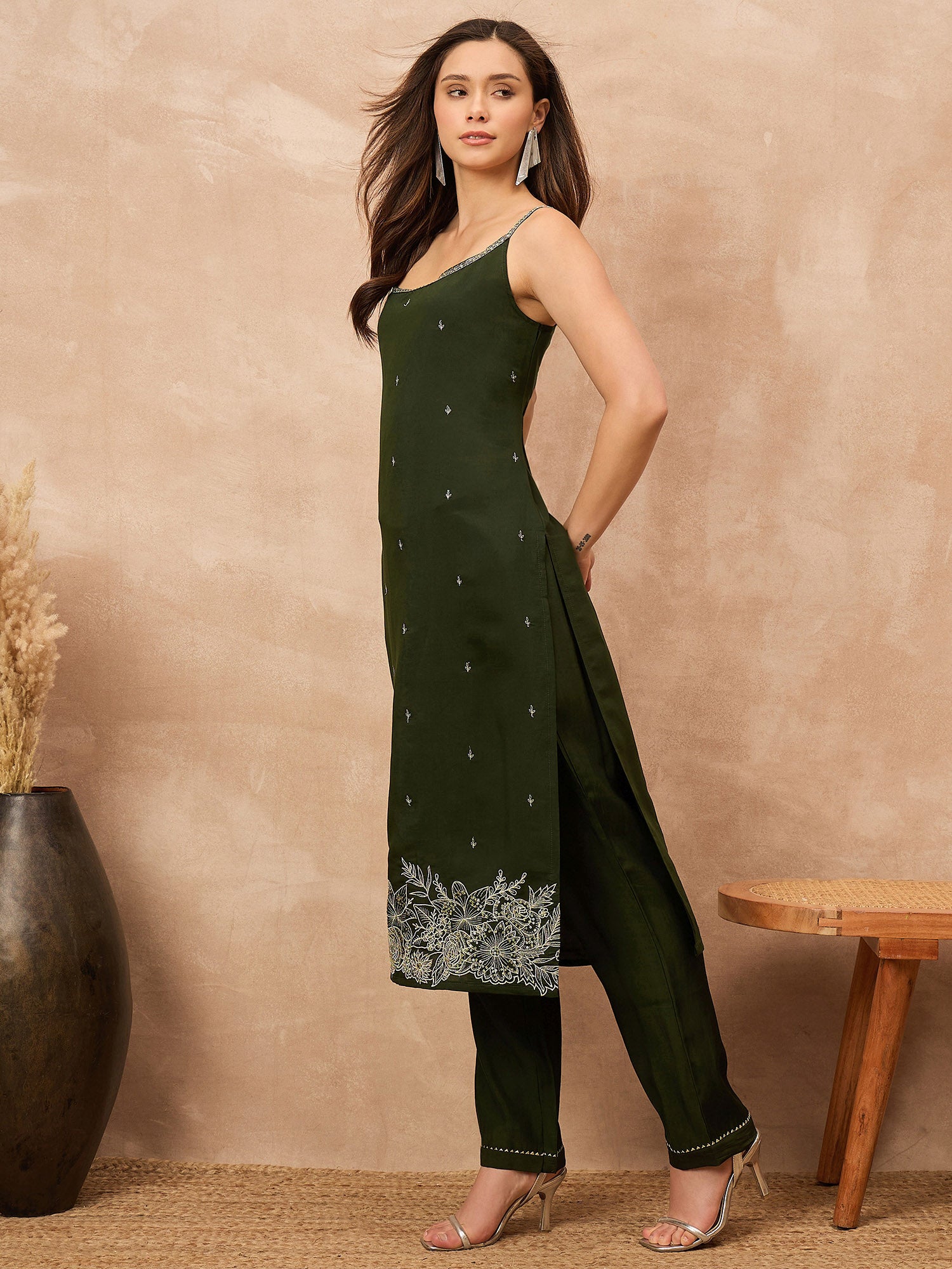Green Silk Blend Embroideried A-Line Kurta Trouser