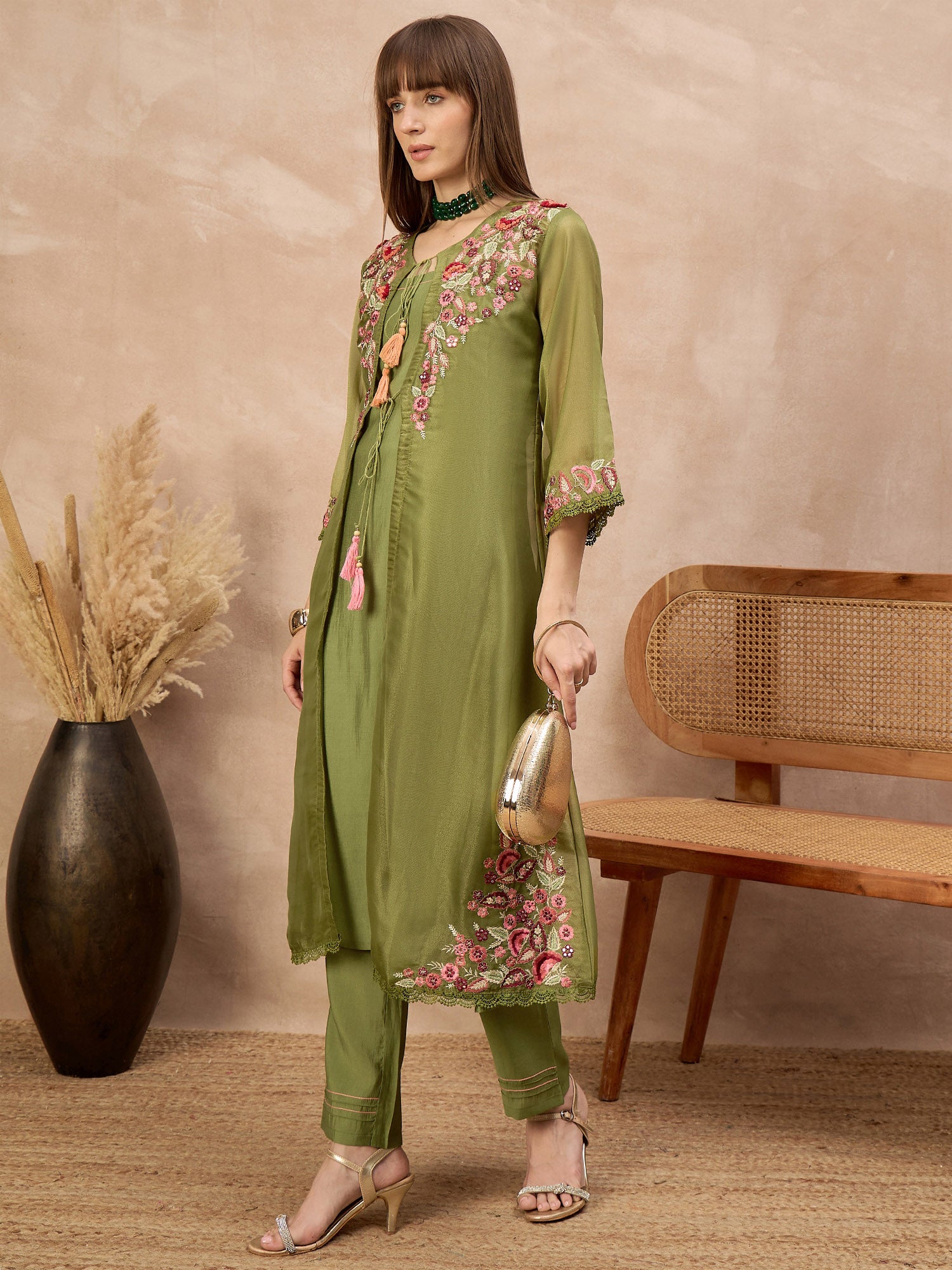 Olive Pure Cotton Solid A-Line Kurta Trouser With Floral & Mirror Embroidered Shrug