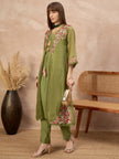 Olive Pure Cotton Solid A-Line Kurta Trouser With Floral & Mirror Embroidered Shrug