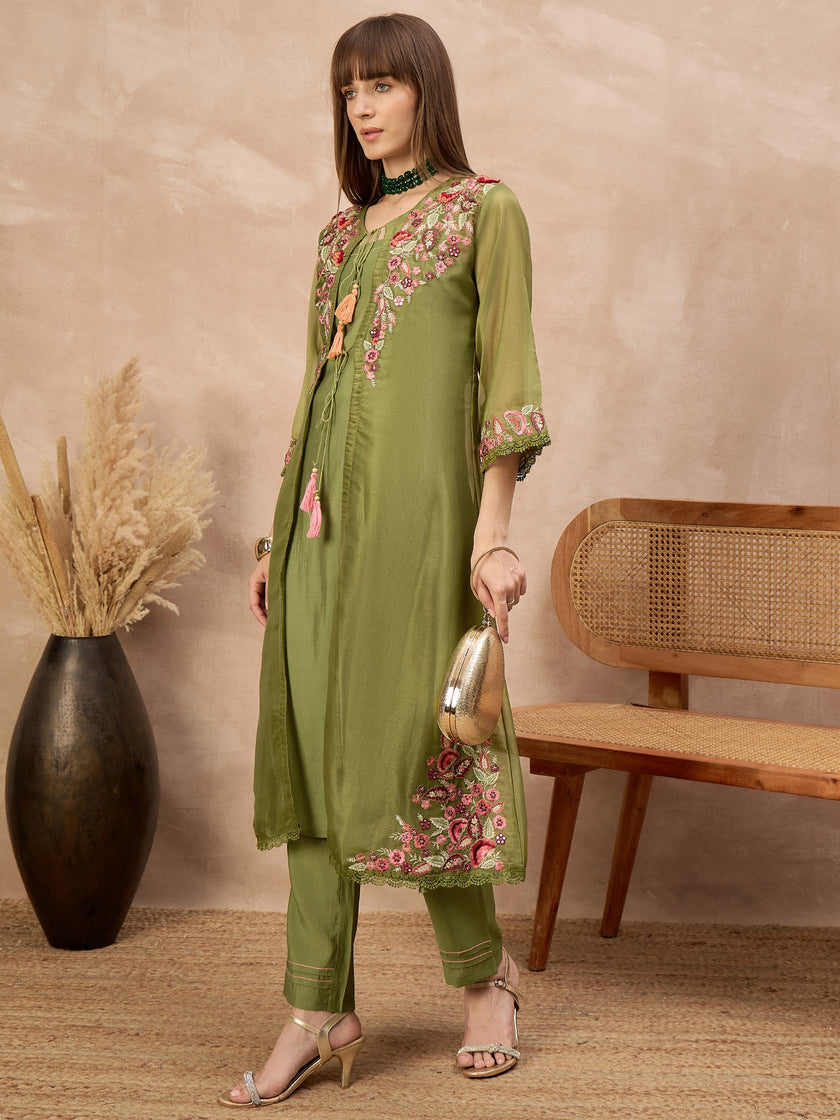 Olive Pure Cotton Solid A-Line Kurta Trouser With Floral & Mirror Embroidered Shrug