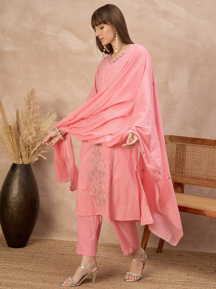 Pink Pure Cotton Floral Embroidered A-Line Kurta Trouser With Dupatta
