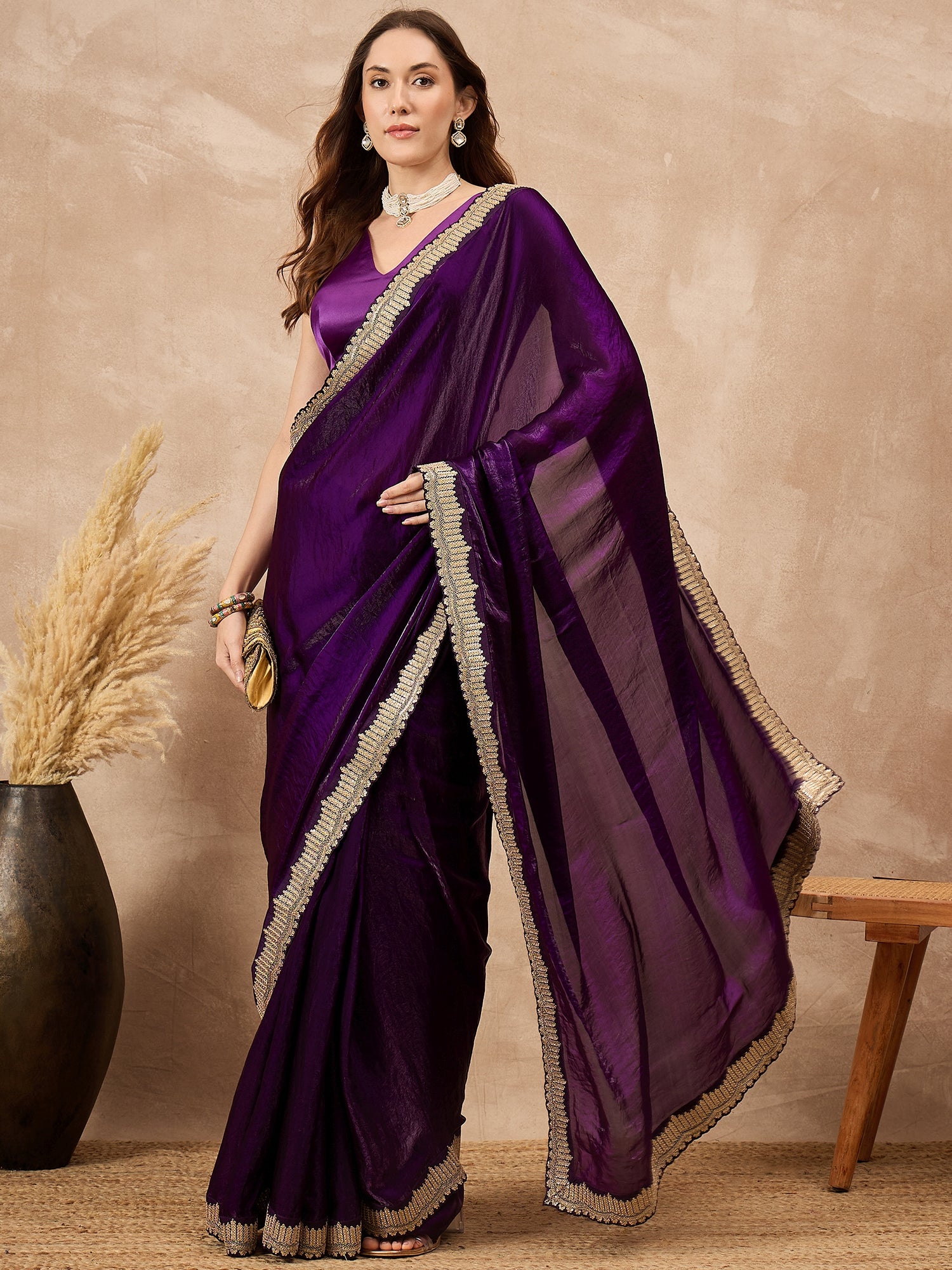 Purple Satin Solid with Coding Cut Work Border Saree with Unstitched Blouse