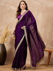 Purple Satin Solid with Coding Cut Work Border Saree with Unstitched Blouse