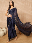 Blue Poly Chiffon Solid With Embroidered Border Saree with Unstitched Blouse