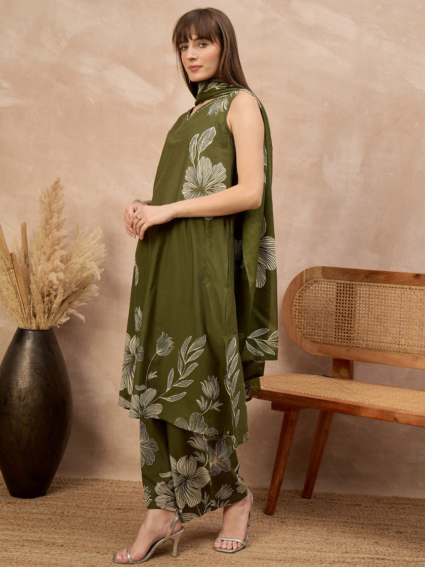 Olive Pure Cotton Floral Printed A-Line Kurta Trouser With Printed Dupatta