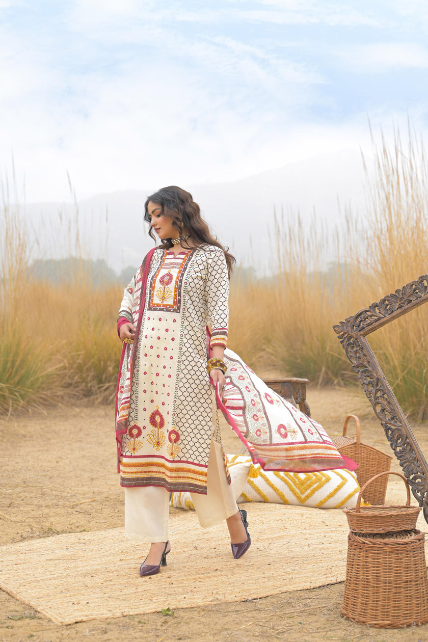 Multi Pure Cotton Ajrakh Printed A-Line Kurta Trouser With Dupatta