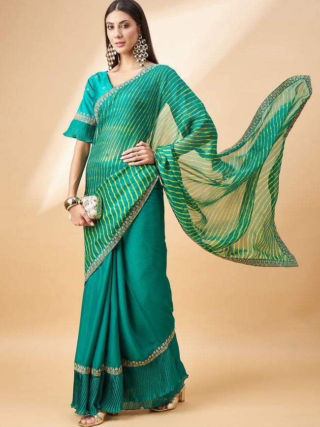 Dark Green Pure Chiffon Lehariya with Embroidery Lace Half & Half Printed   Saree with Unstitched Fancy Blouse