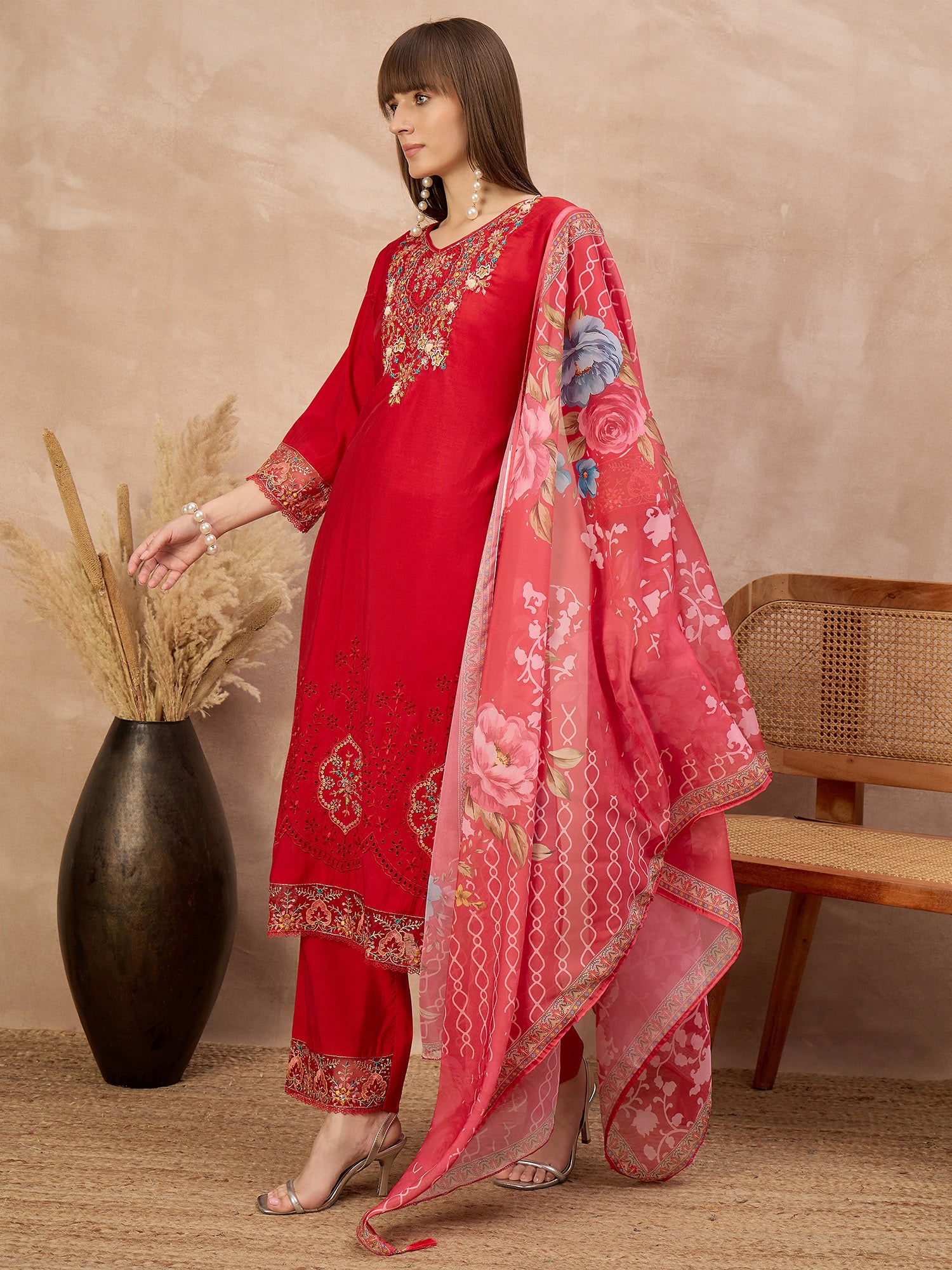 Red Pure Cotton Beads & Stone Embroidered A-Line Kurta Trouser With Printed Dupatta