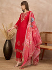 Red Pure Cotton Beads & Stone Embroidered A-Line Kurta Trouser With Printed Dupatta