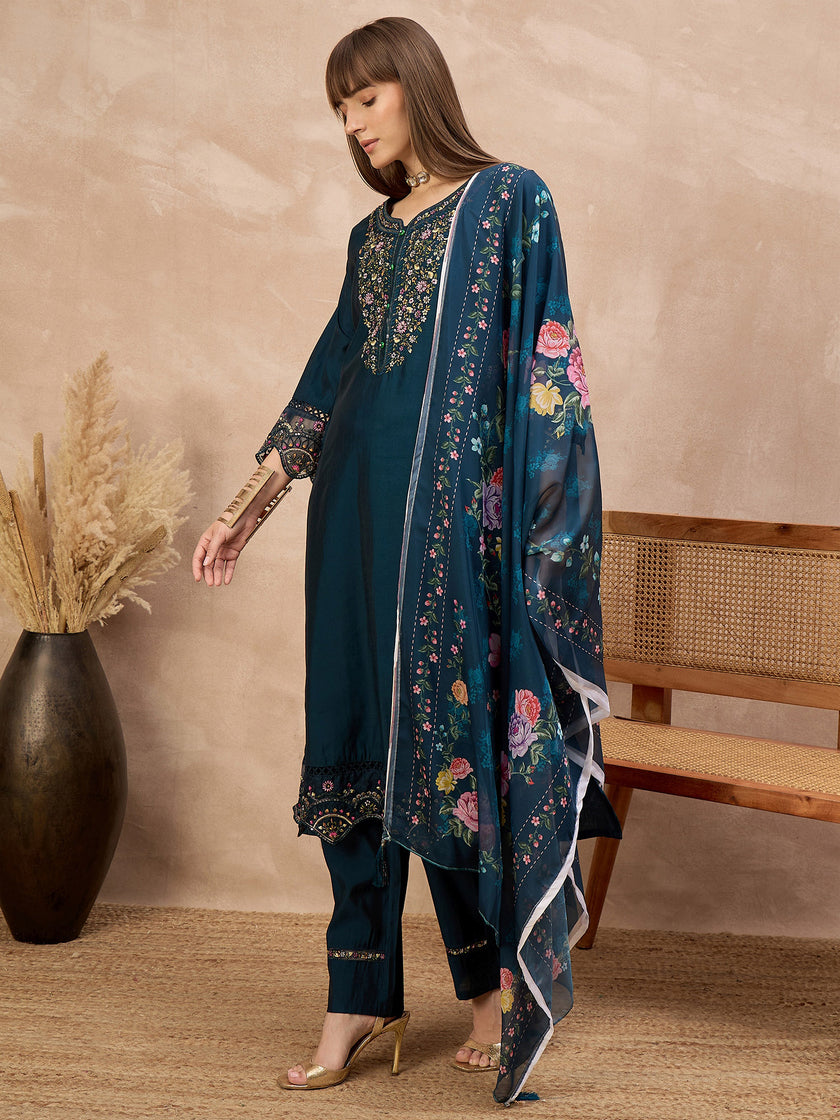 Blue Pure Cotton Beads & Stone Embroidered With Buttons A-Line Kurta Trouser With Printed Dupatta