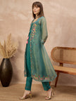 Green Pure Cotton Solid A-Line Kurta Trouser With Floral & Mirror Embroidered Shrug