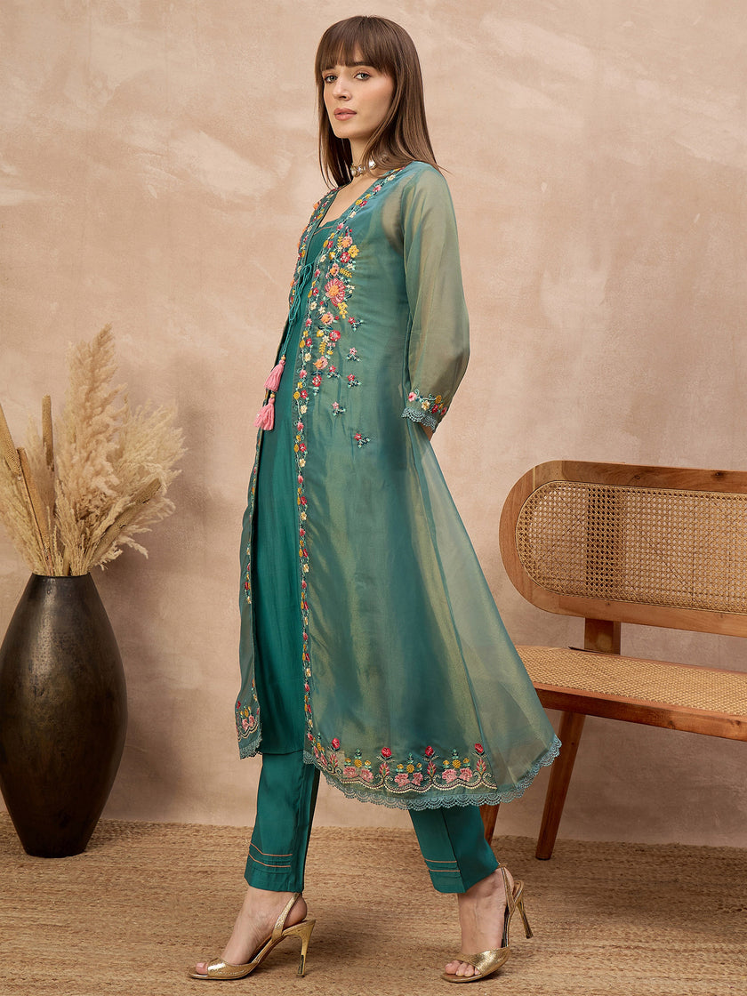 Green Pure Cotton Solid A-Line Kurta Trouser With Floral & Mirror Embroidered Shrug