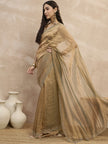 Beige Organza Solid With Stone Work Border Saree with Unstitched Blouse