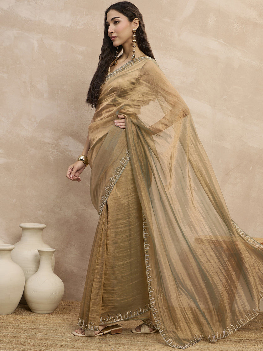 Beige Organza Solid With Stone Work Border Saree with Unstitched Blouse
