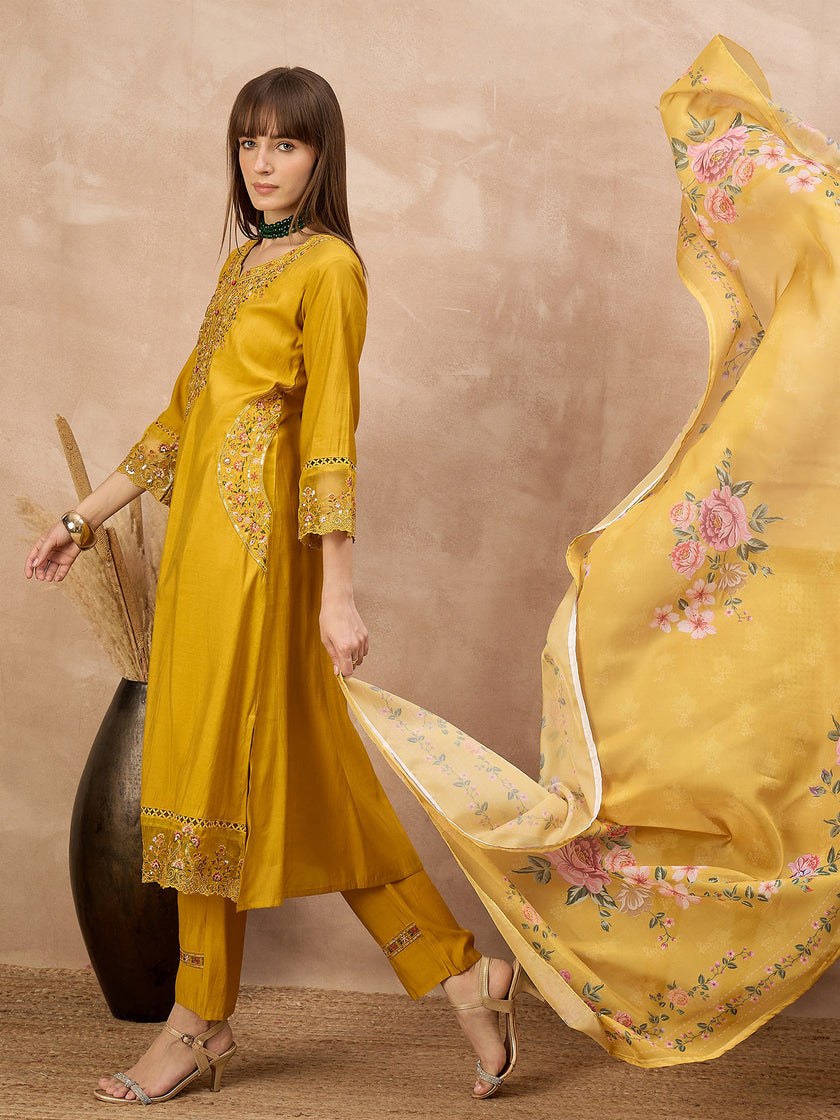 Gold Pure Cotton Beads & Stone Embroidered With Buttons A-Line Kurta Trouser With Printed Dupatta