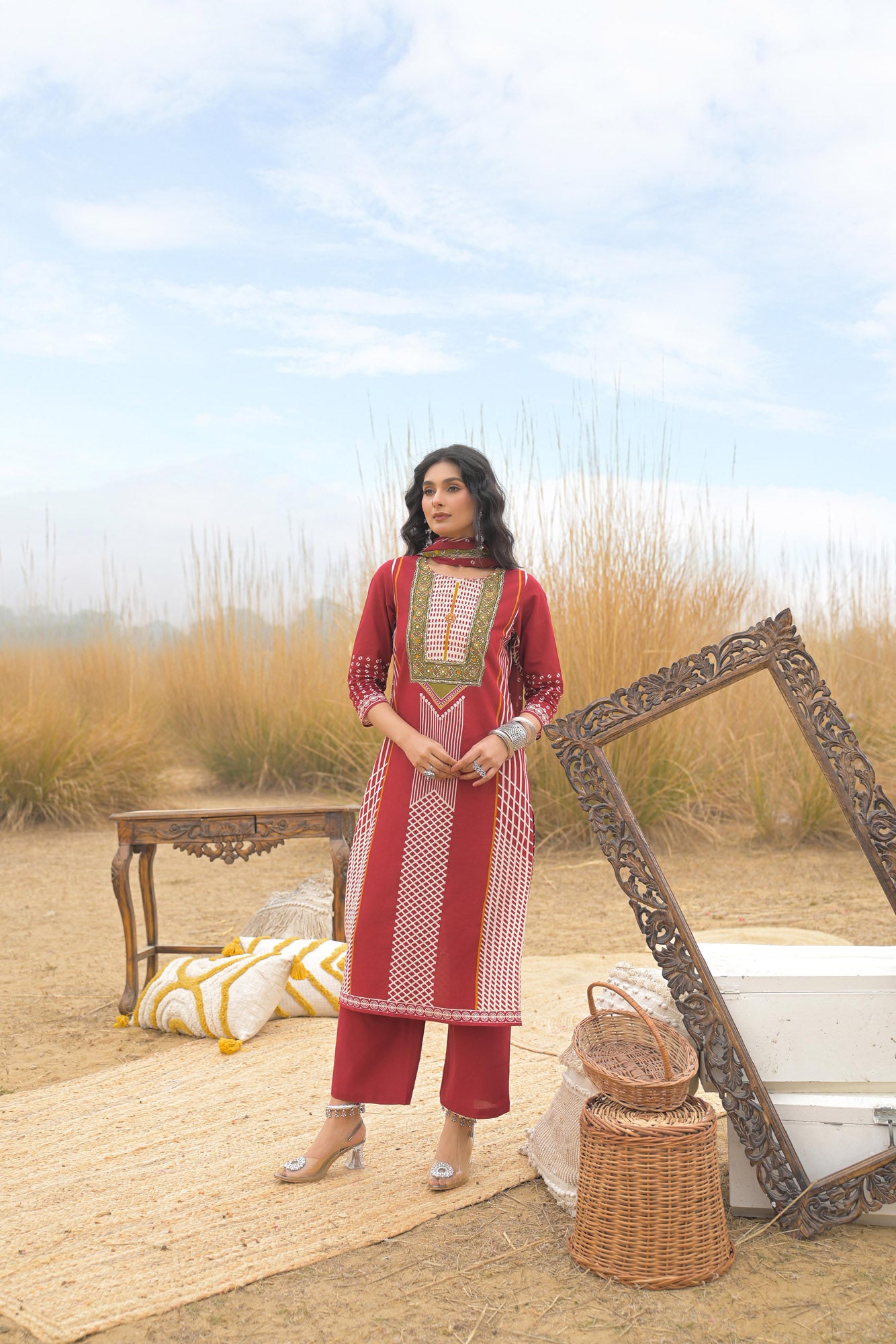 Red Pure Cotton Ajrakh Printed A-Line Kurta Trouser With Dupatta