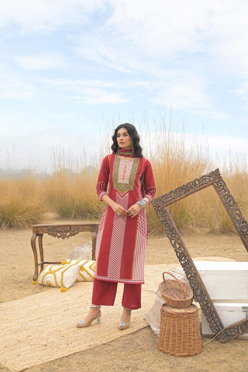 Red Pure Cotton Ajrakh Printed A-Line Kurta Trouser With Dupatta