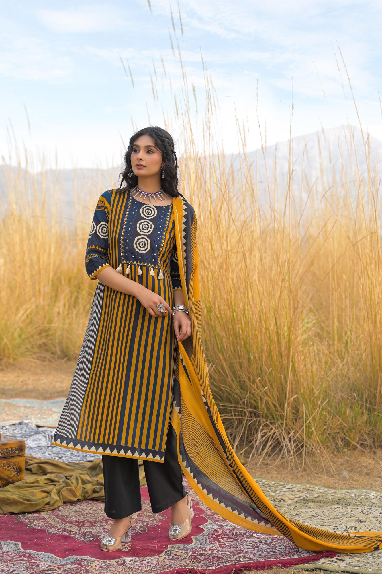 Mustard Pure Cotton Ajrakh Printed A-Line Kurta Trouser With Dupatta