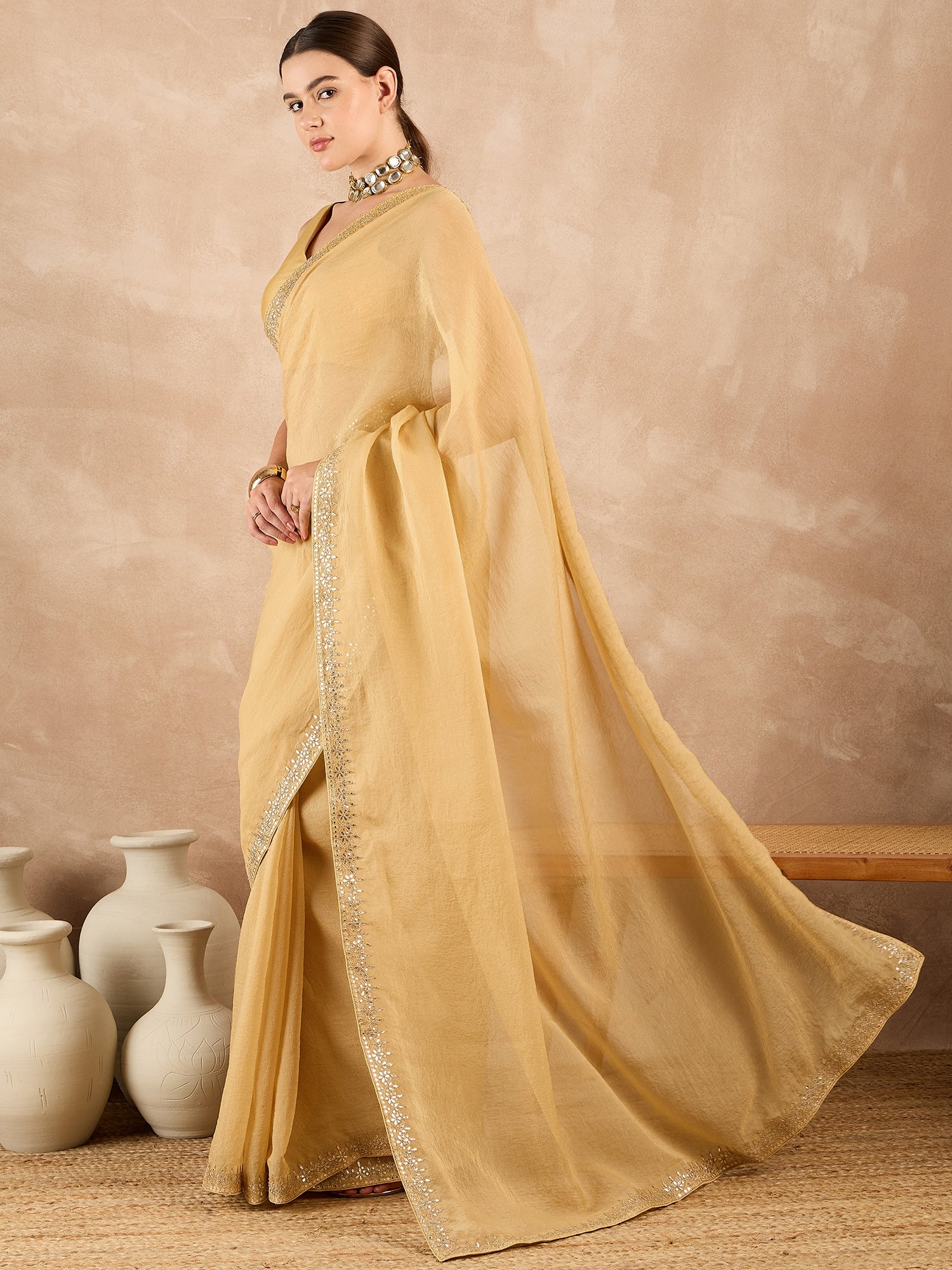 Lemon Organza Solid With Embroidered Border Saree with Unstitched Fancy Blouse
