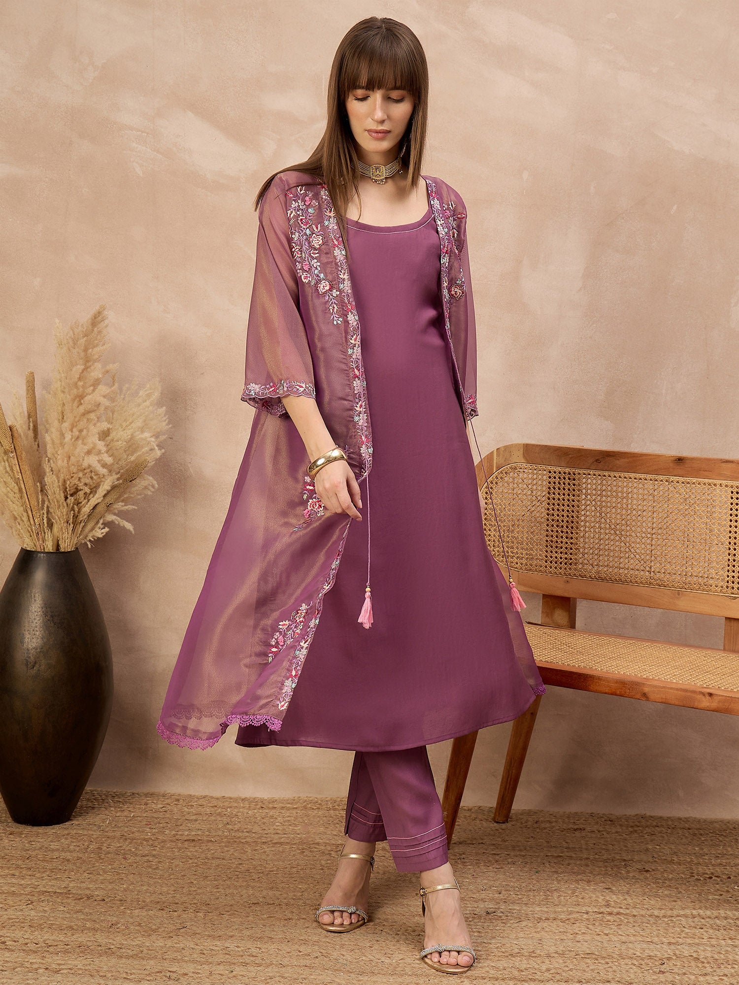 Purple Pure Cotton Solid A-Line Kurta Trouser With Floral & Mirror Embroidered Shrug