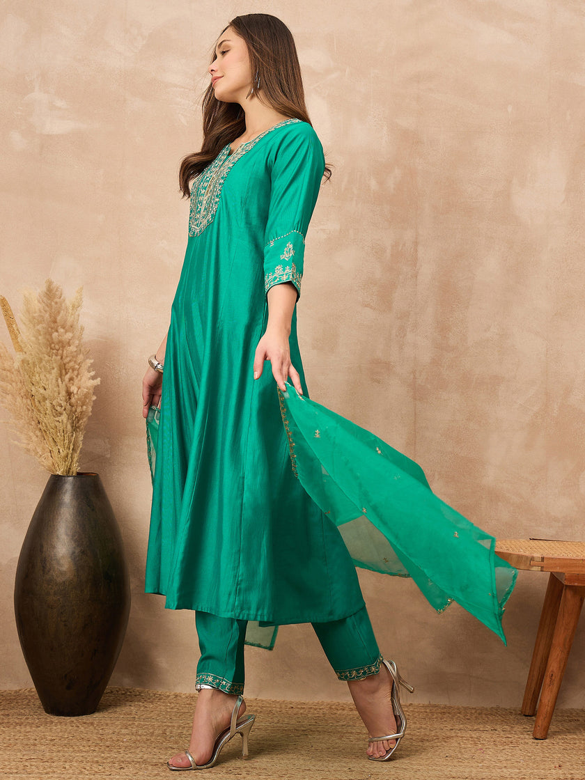 Green Chanderi Silk Solid A-Line Kurta Trouser with Dupatta