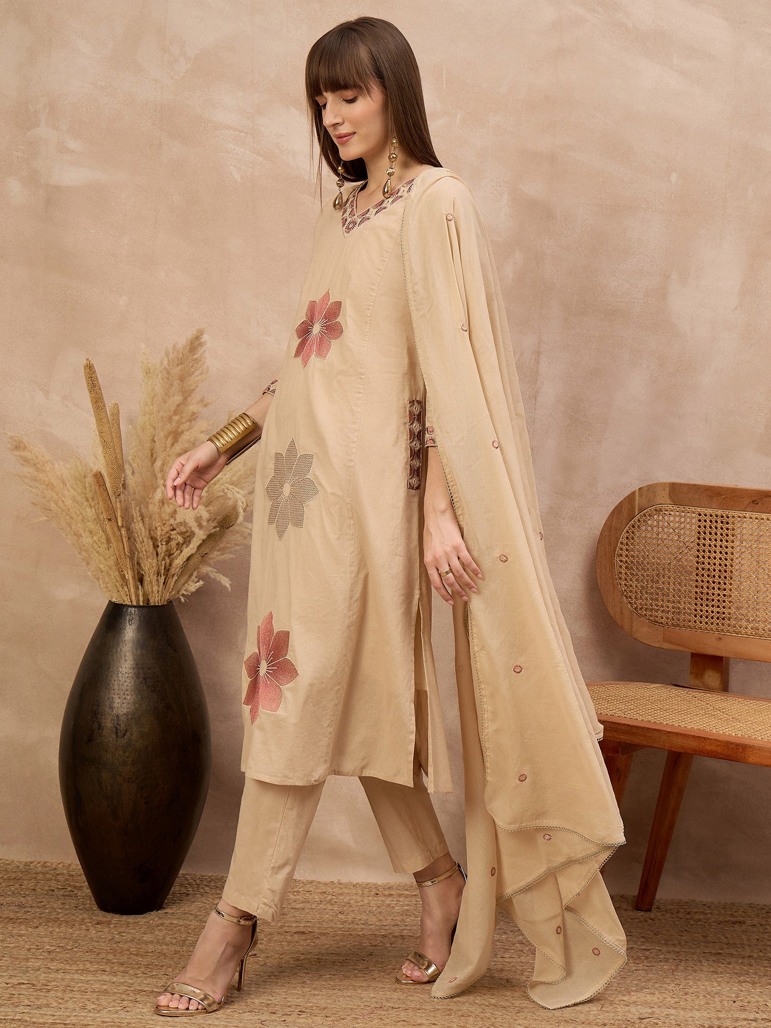 Beige Pure Cotton Floral & Mirror Embroidered A-Line Kurta Trouser With Dupatta