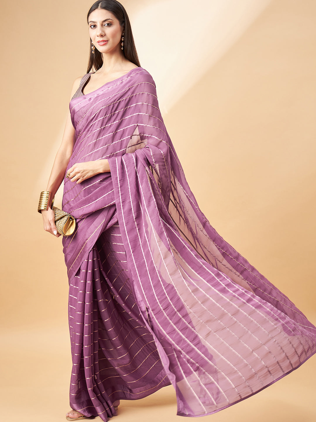 Lavender Chiffon Viscose Stripes Saree with Unstitched Fancy Blouse