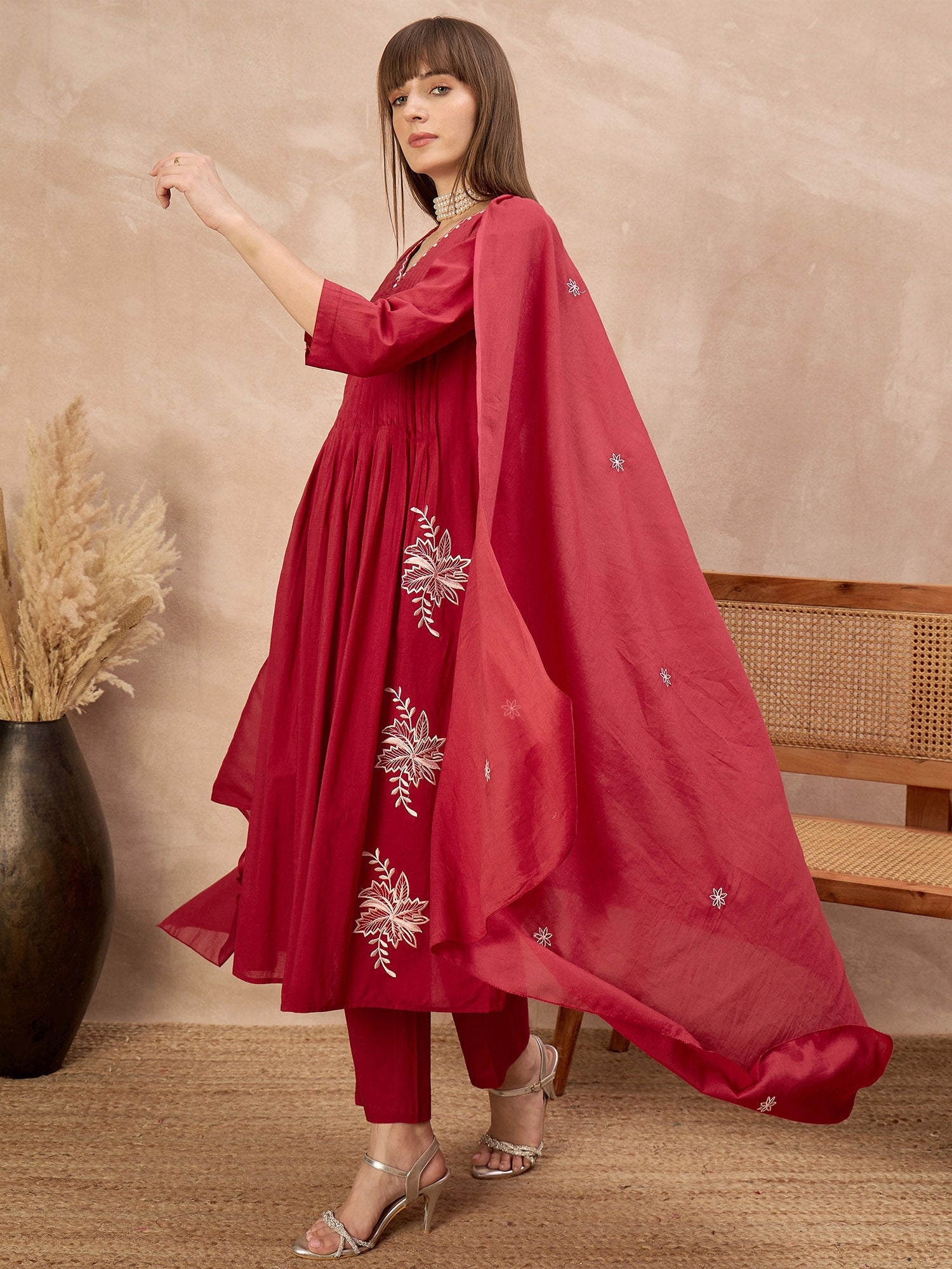 Red Pure Cotton Embroidered Pleated A-Line Kurta Trouser With Dupatta