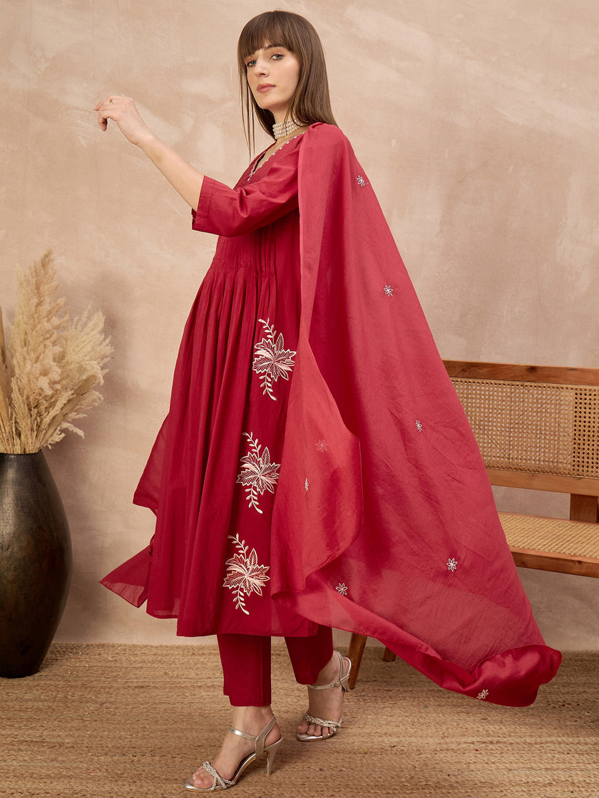 Red Pure Cotton Embroidered Pleated A-Line Kurta Trouser With Dupatta
