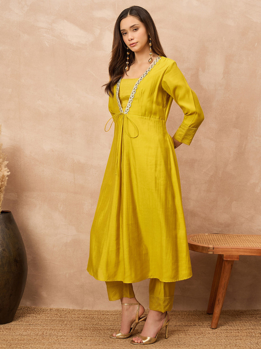 Yellow Silk Blend Solid A-Line Kurta Trouser
