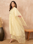 Cream Satin Solid A-Line Kurta Trouser with Dupatta