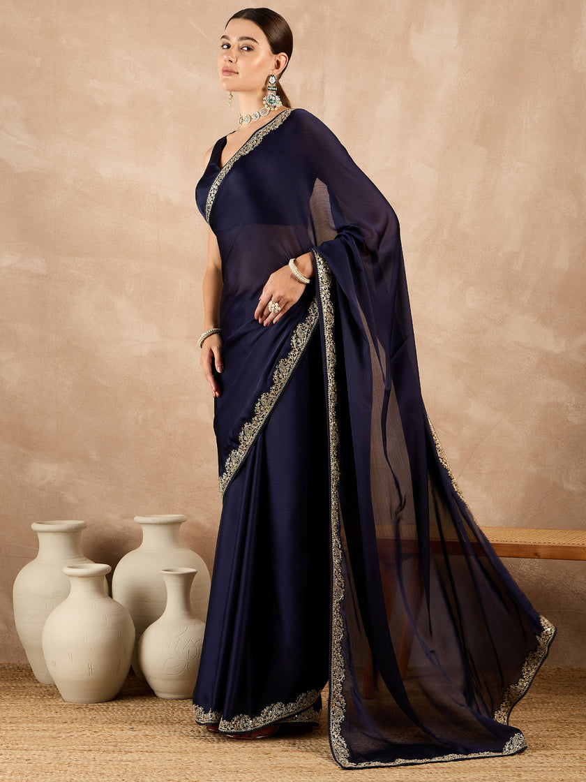 Blue Satin Solid With Embroidered Border Saree with Unstitched Fancy Blouse