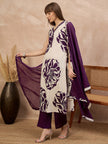 Purple Pure Floral Cotton Printed A-Line Sleeveless Kurta Trouser With Dupatta