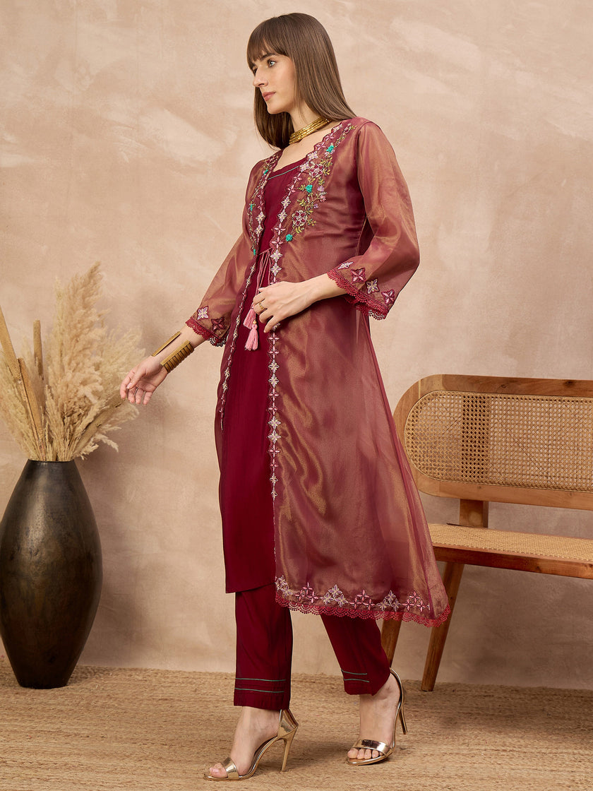 Maroon Pure Cotton Solid A-Line Kurta Trouser With Floral & Mirror Embroidered Shrug