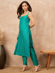 Teal Silk Blend Printed A-Line Kurta Trouser